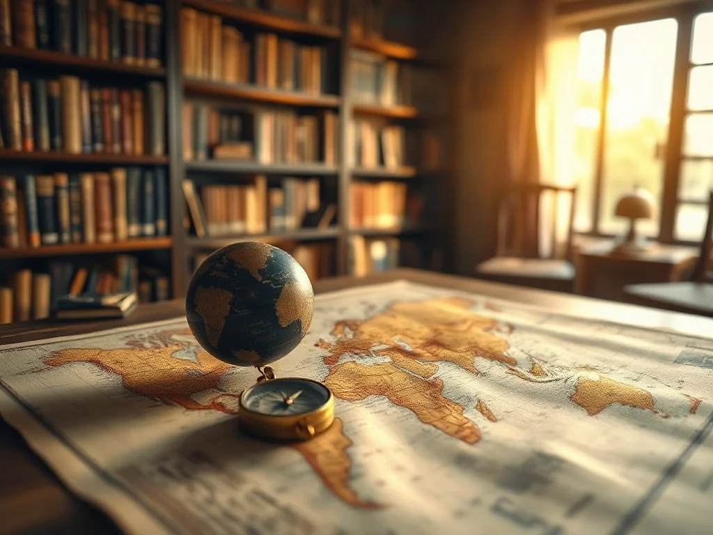 Otwarta zabytkowa mapa świata z kompasem i globusem na drewnianym biurku w klimatycznej bibliotece.