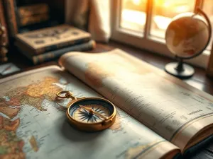 Otwarty atlas świata z lupą na drewnianym biurku, w klimacie biblioteki, nawiązujący do poszukiwań geograficznych.