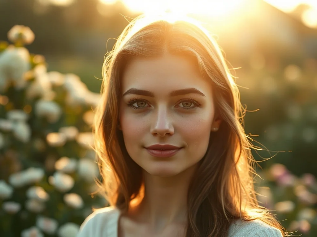 Portret młodej kobiety o łagodnym wyrazie twarzy, otoczonej delikatnymi kwiatami w wiosennym ogrodzie.