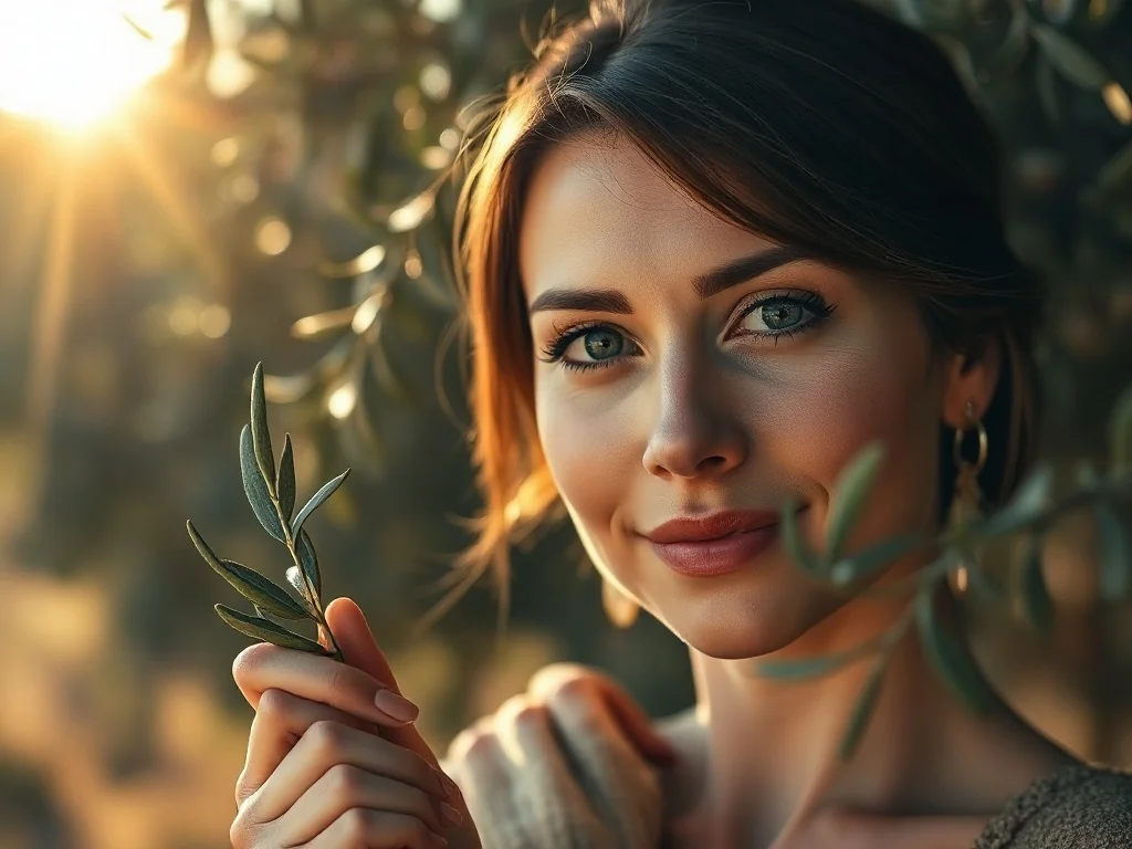 Portret kobiety trzymającej gałązkę oliwną na tle słonecznego gaju, nawiązujący do etymologii imienia Oliwia.