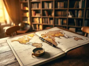 Otwarta zabytkowa mapa świata z kompasem i globusem na drewnianym biurku w klimatycznej bibliotece.