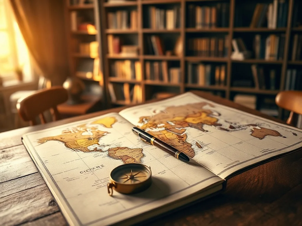 Stara mapa świata na drewnianym biurku z kompasem i piórem, nawiązująca do tematyki geograficznej.