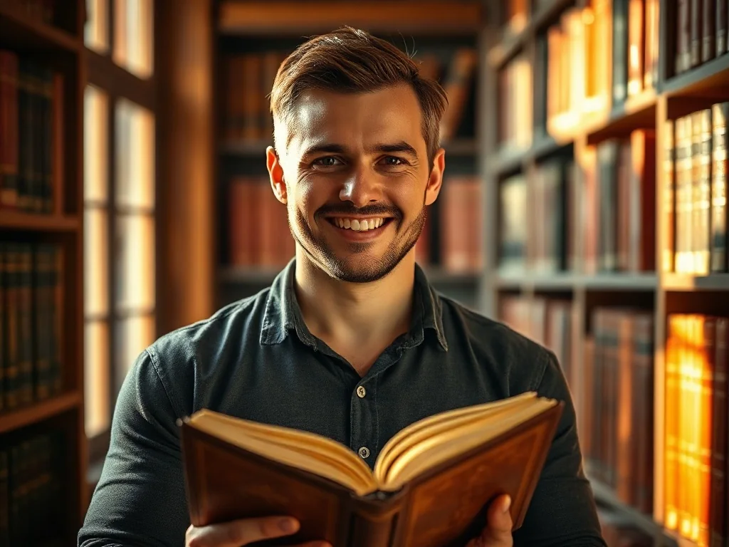 Uśmiechnięty mężczyzna z książką w przytulnej bibliotece, symbolizujący intelektualne cechy imienia Bruno.