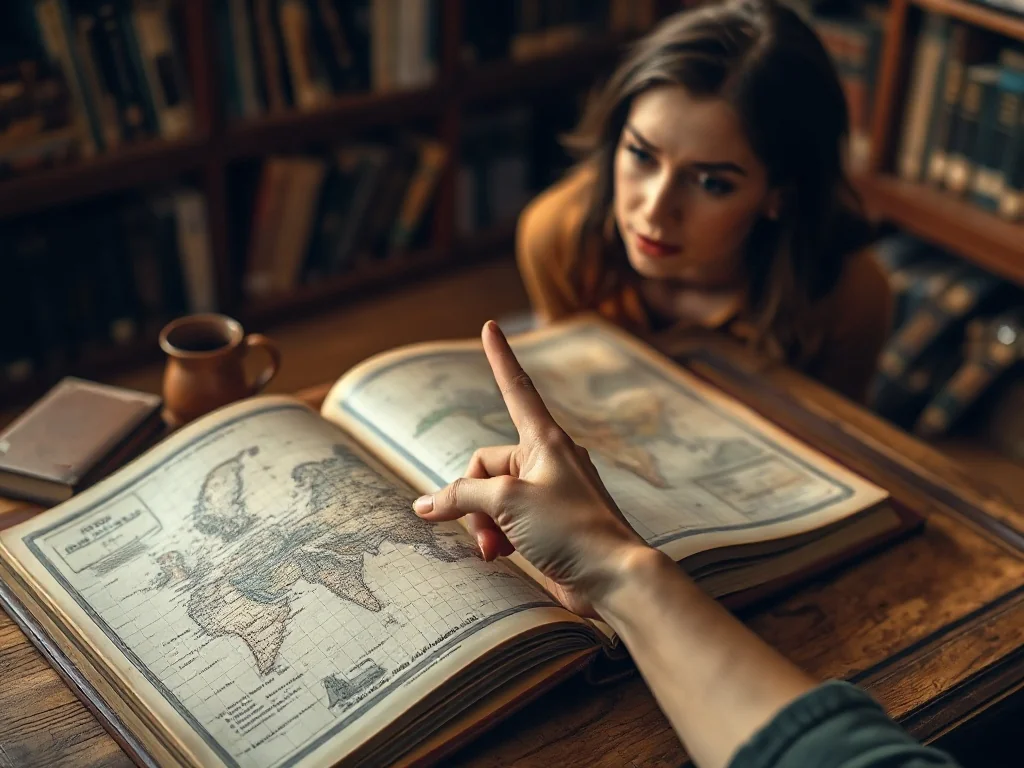 Kobieta wskazuje palcem na mapę świata w otwartym, zabytkowym atlasie leżącym na drewnianym biurku w bibliotece.