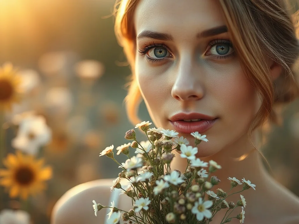 Portret młodej kobiety trzymającej bukiet polnych kwiatów w słonecznym ogrodzie, utrzymany w ciepłej i eterycznej stylistyce.
