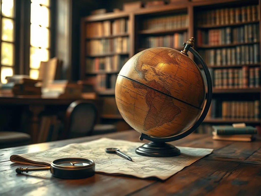 Zabytkowy globus, kompas i mapa na drewnianym biurku w przytulnej bibliotece, nawiązujące do tematyki podróży i geografii.