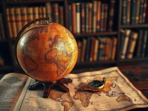 Otwarta zabytkowa mapa świata z kompasem i globusem na drewnianym biurku w klimatycznej bibliotece.